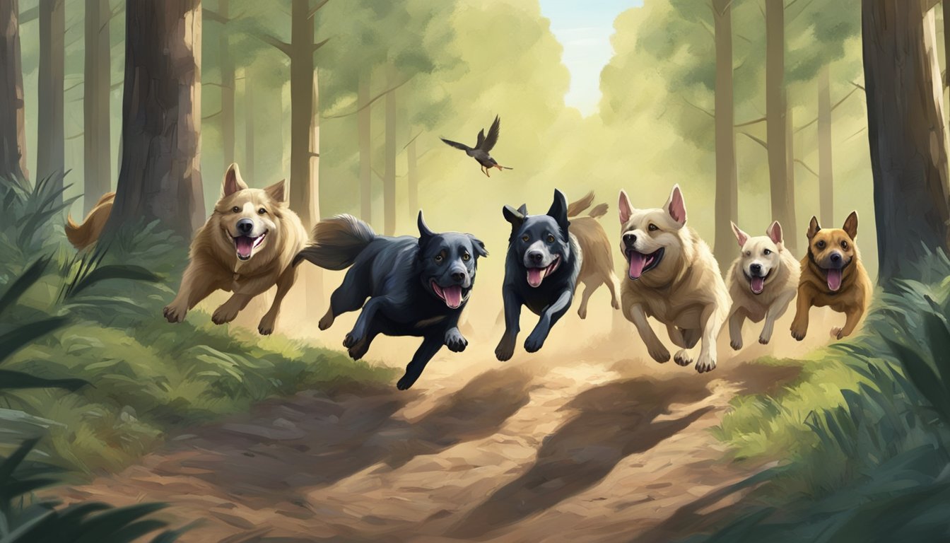 A pack of dogs chase a wild pig through a dense forest. The pig is trying to escape as the dogs bark and leap after it