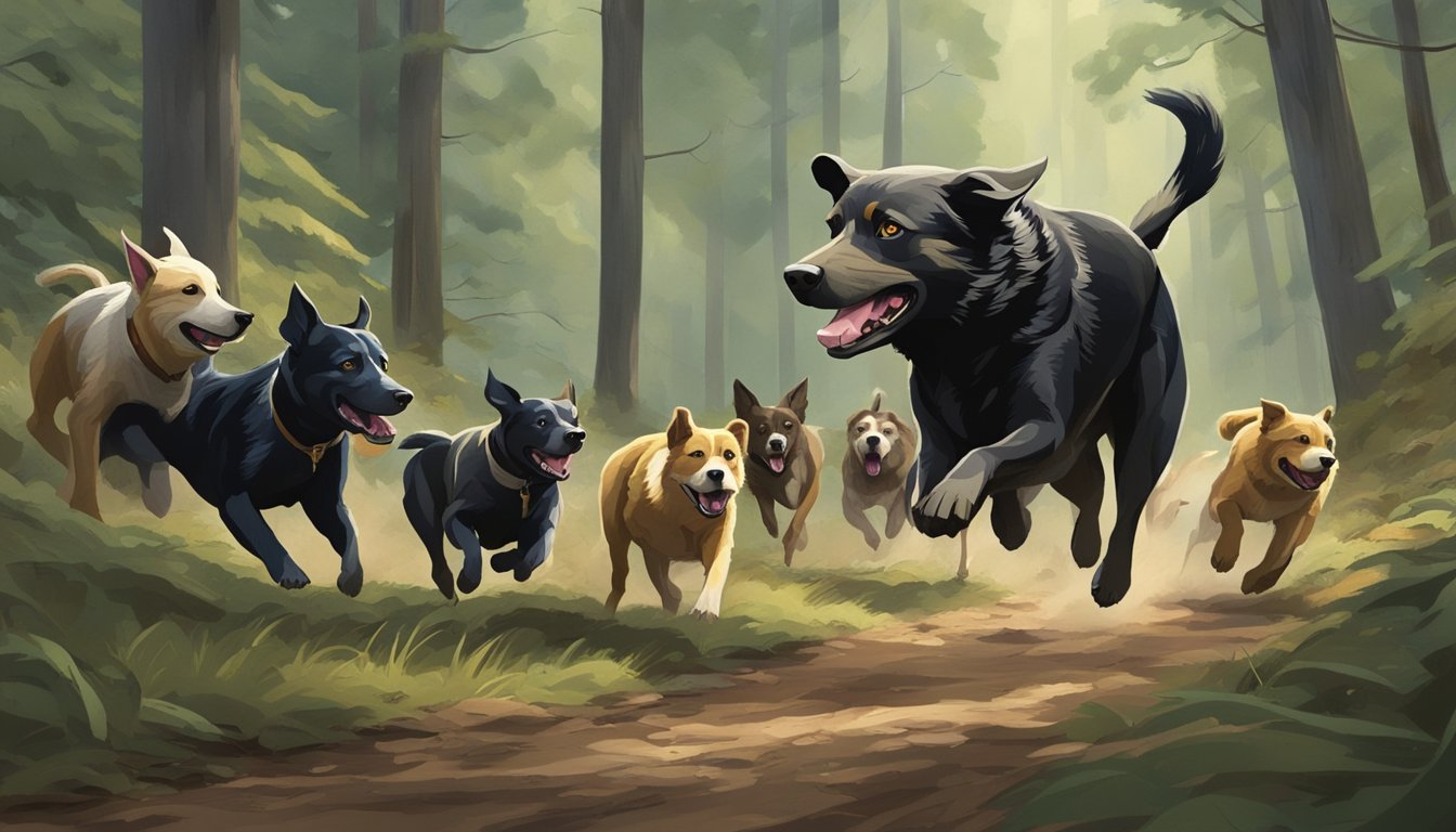 A pack of dogs chase down a wild pig in a dense forest, their barks echoing through the trees as they pursue their prey