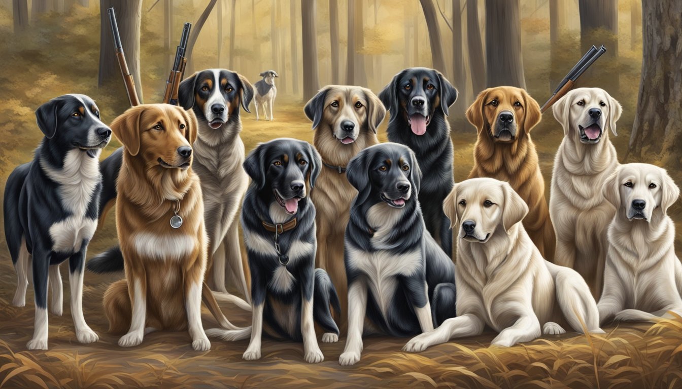 A pack of hunting dogs eagerly awaiting their next command, each breed showcasing its unique skills and roles in the hunt