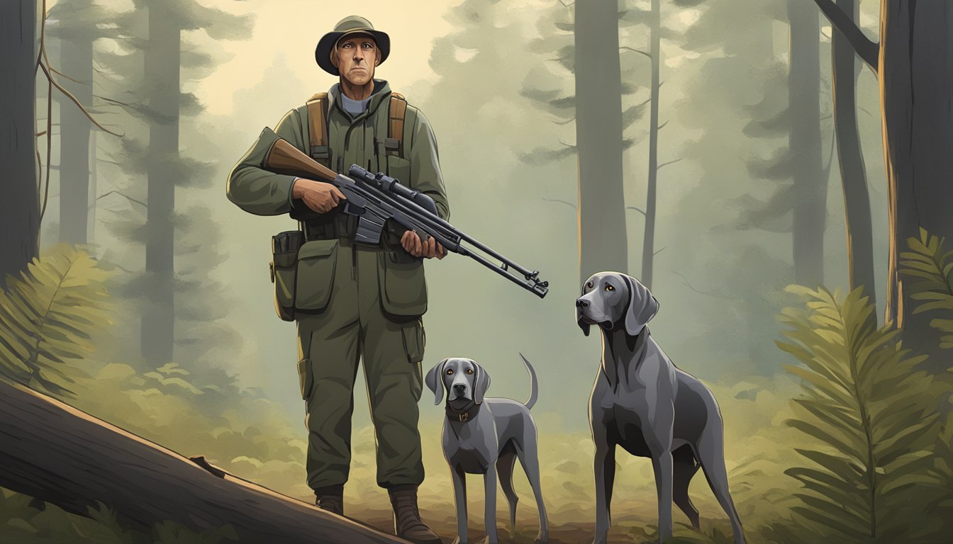 A Weimaraner stands alert in a forest, as its owner holds a rifle, emphasizing the ethical and conservation-focused approach to hunting