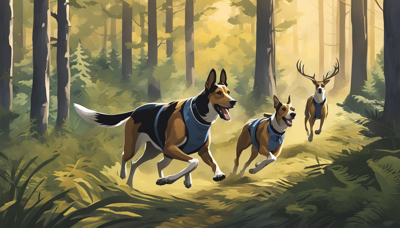 A pack of hounds chase a deer through a dense forest, while a wildlife manager looks on, holding a ban sign