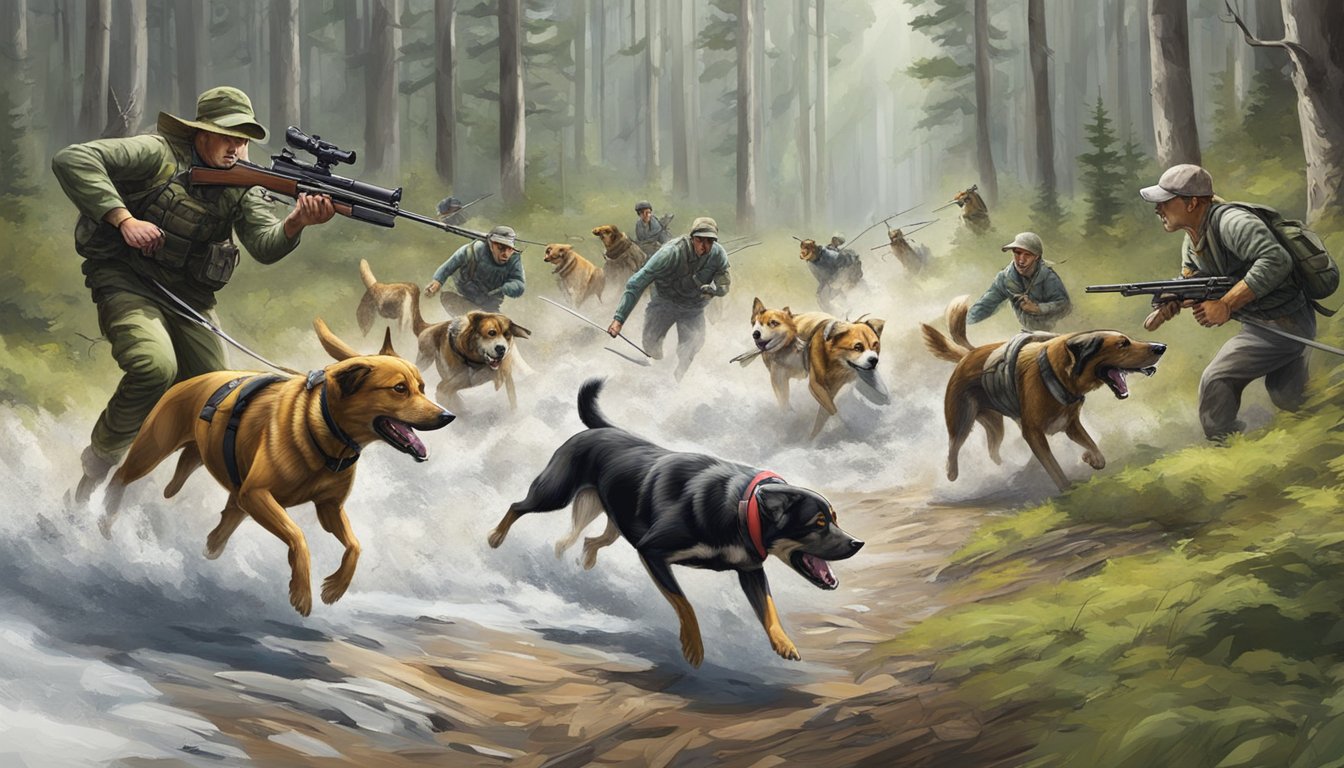 Dogs chasing prey through forest, led by hunters with weapons