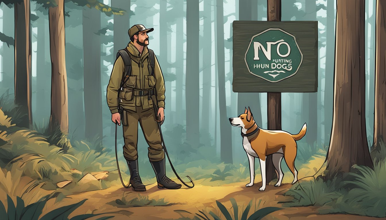 A hunter with a dog on a leash, standing in front of a "No Hunting with Dogs" sign in a wooded area