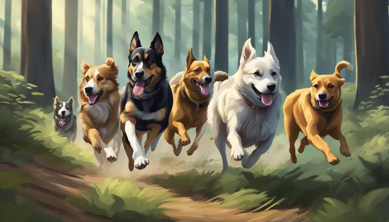 A pack of dogs running through a forest, chasing after a small animal