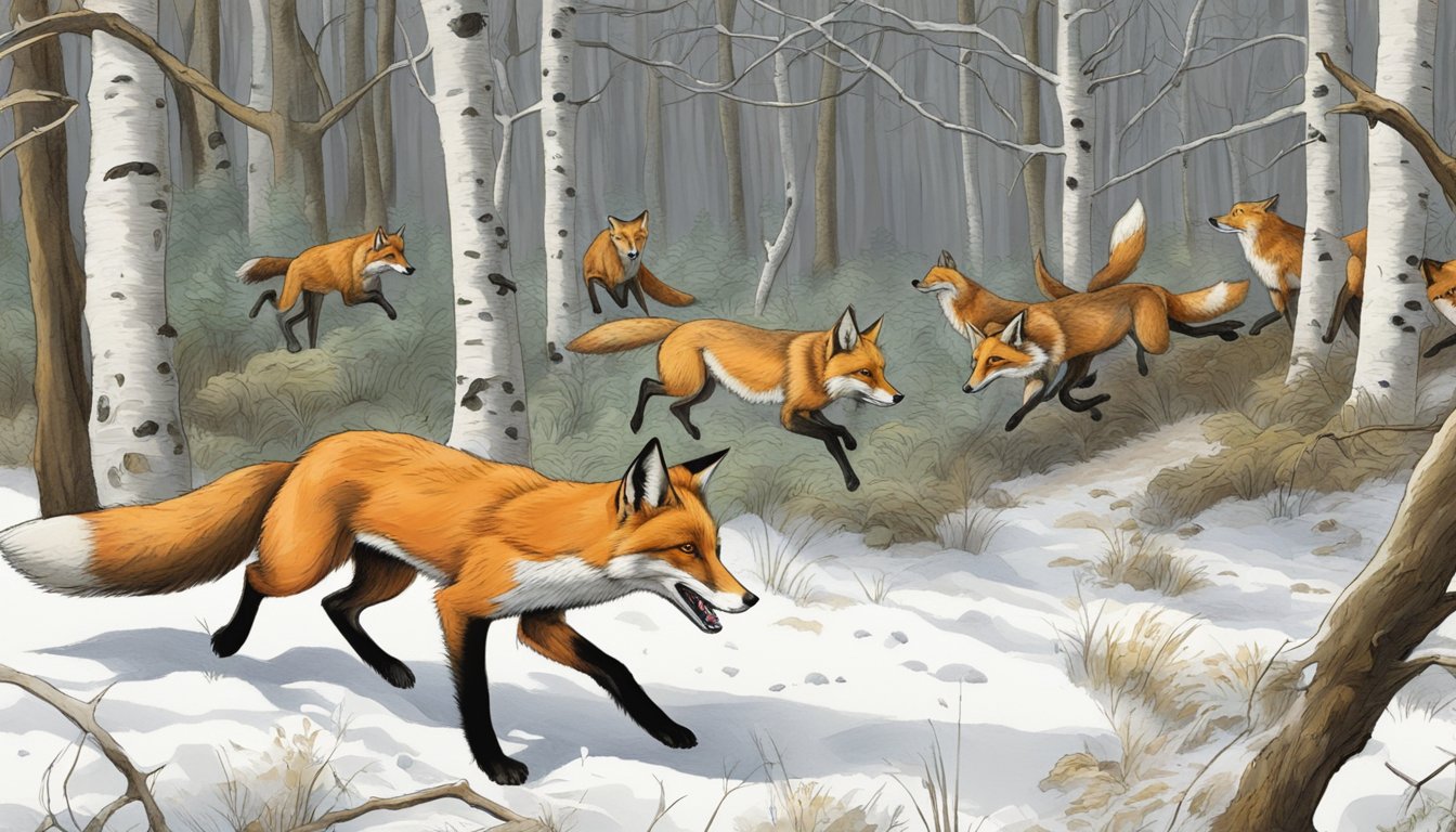 A fox being pursued by a pack of hunting dogs in a wooded area