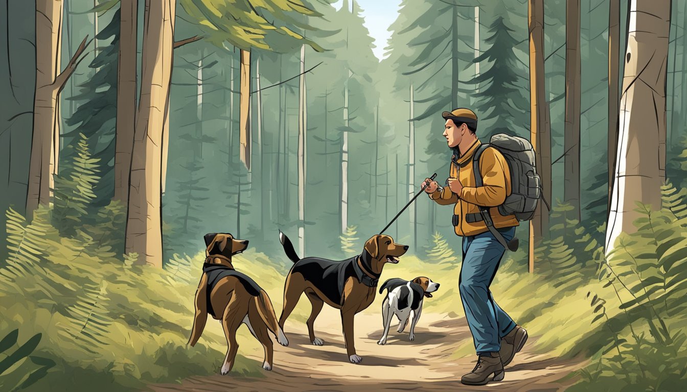 A trainer guides hunting dogs through a forest, teaching them to track and retrieve game