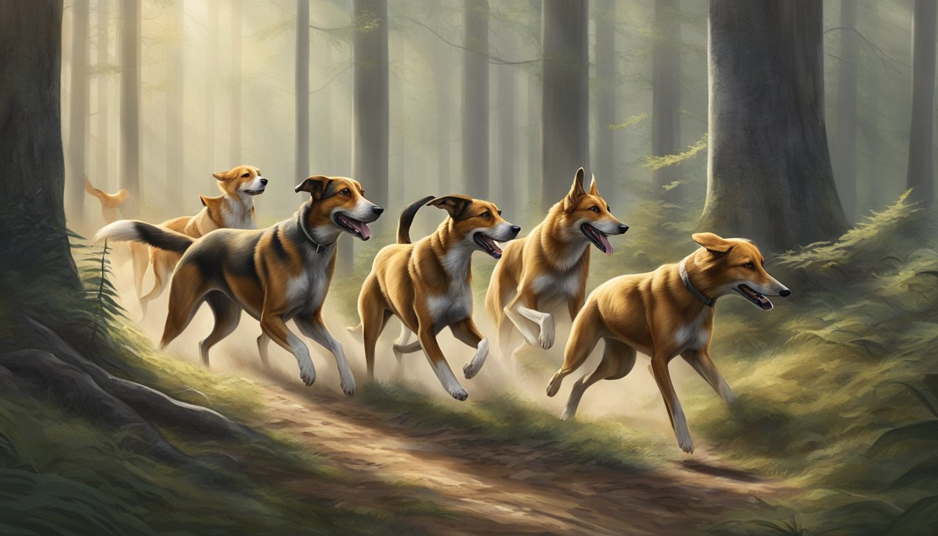 A pack of hounds chase a fox through a dense forest, their noses to the ground as they follow the scent trail