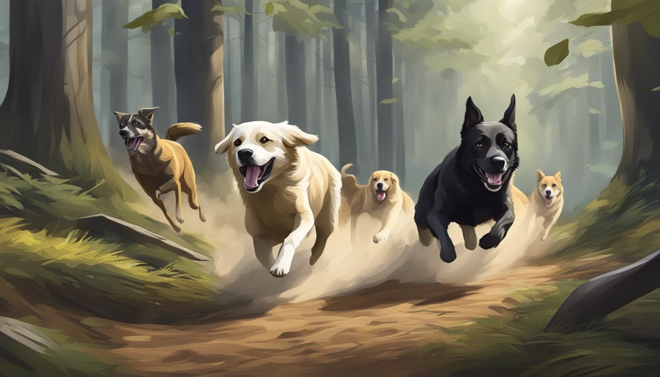 Dogs chase prey in a forest