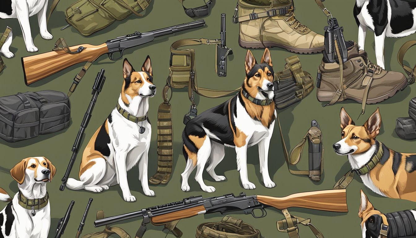 A pack of hunting dogs with collars and leashes, alongside various hunting equipment and accessories like rifles, ammunition, and camouflage gear