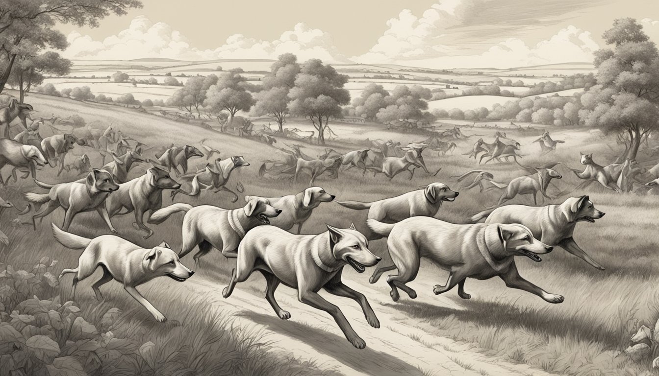 Hounds chase a fox through a rural landscape, surrounded by a community of onlookers with cultural significance