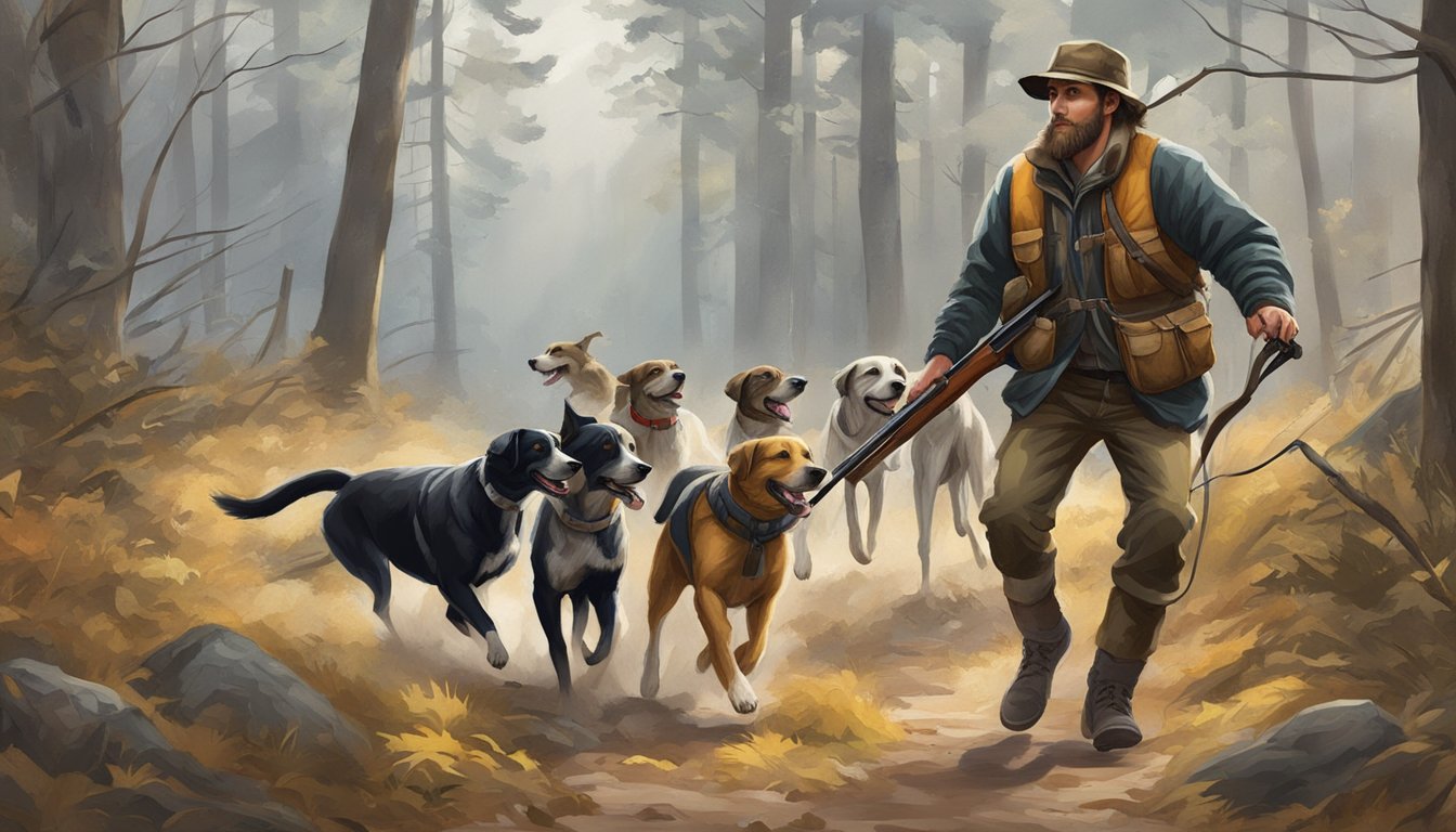 A hunter with dogs pursuing game in a wooded area