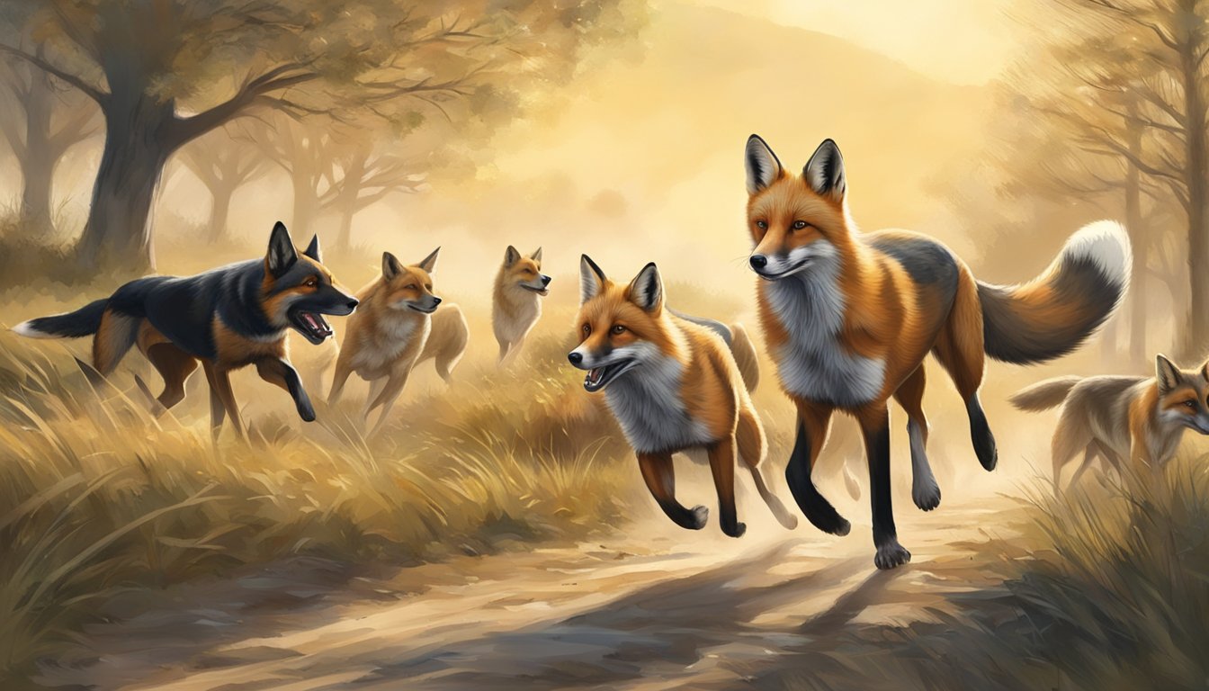 A fox being chased by a pack of hunting dogs in a rural countryside setting