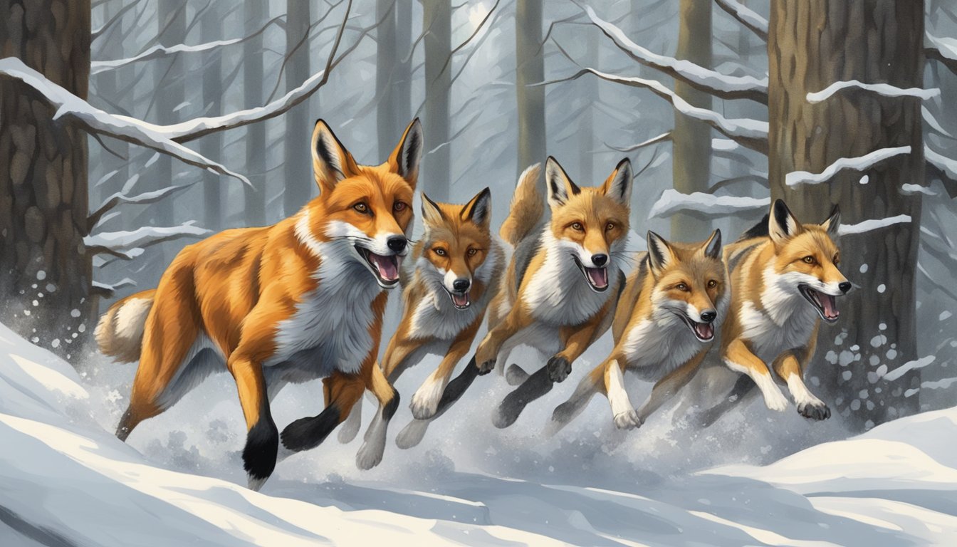 A pack of foxhounds chase a red fox through a dense forest, creating a chaotic and tense pursuit