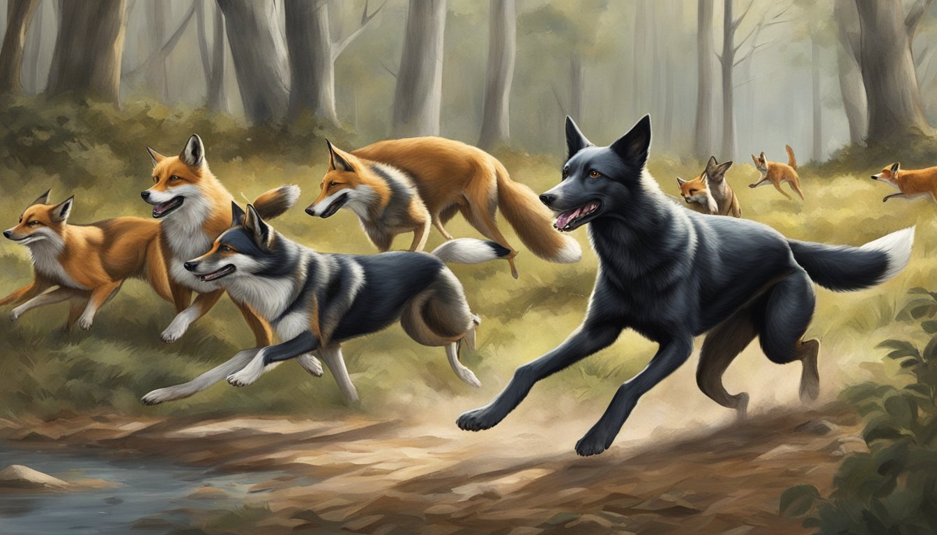 A pack of hunting dogs chasing a fox through a wooded area, with the fox desperately trying to evade capture