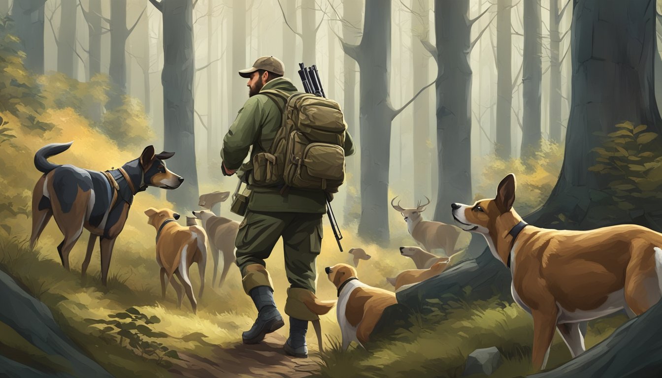 A hunter with a rifle and a pack of hounds tracking a deer through a dense forest