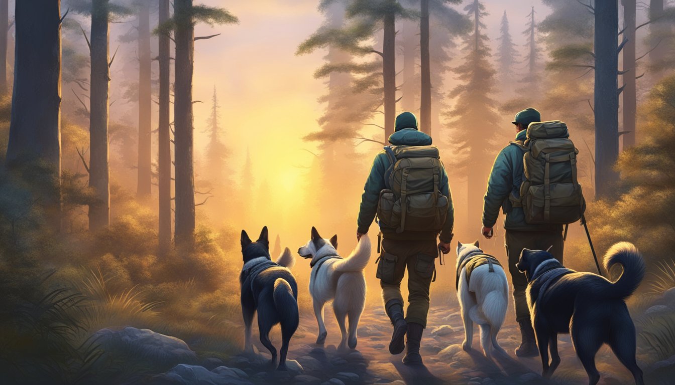 A hunter with a rifle and a pack of dogs trek through a dense forest at dawn, searching for game