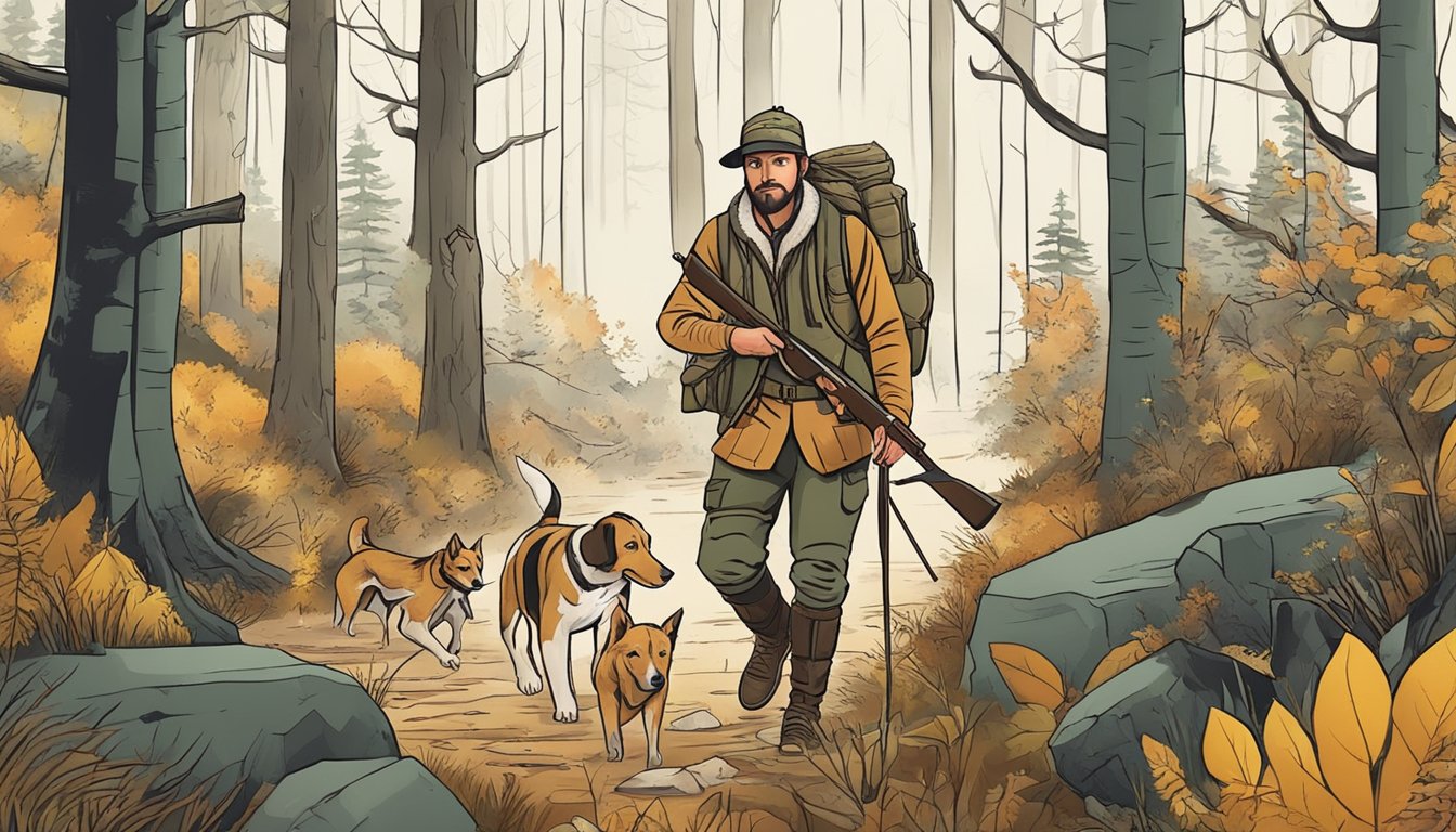 A hunter with dogs tracking through a forest, surrounded by traditional hunting tools and symbols of cultural significance