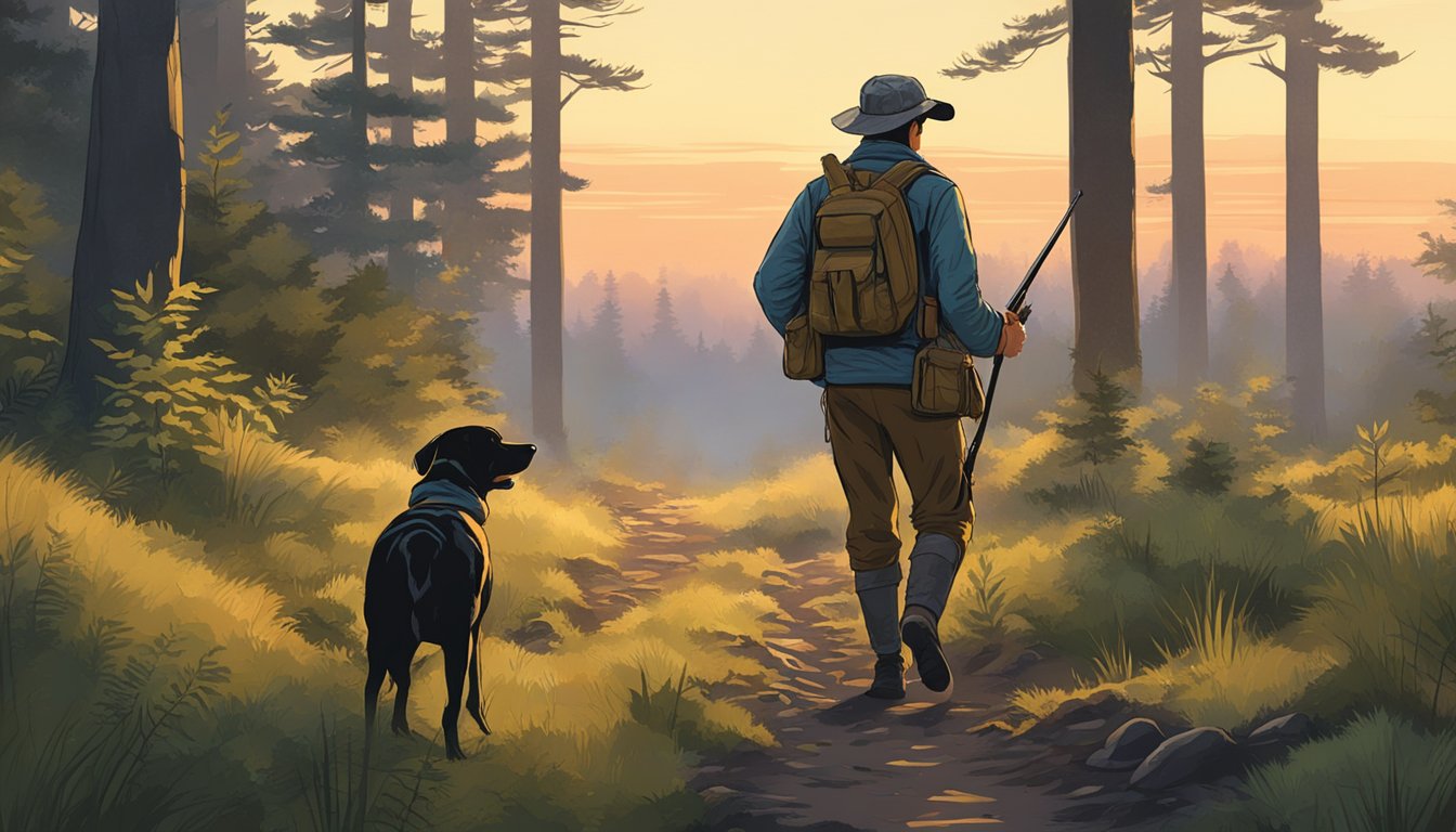 A hunter and their dog practice tracking in a forest clearing at dawn