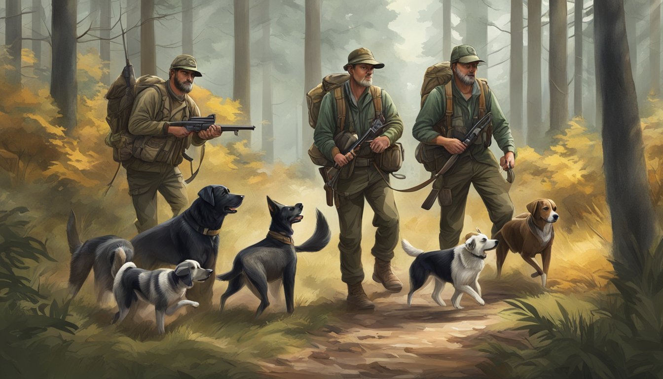 A group of hunters with their dogs tracking through a dense forest