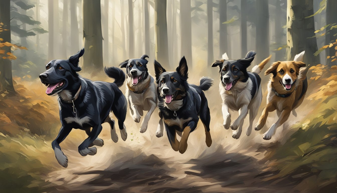 A pack of hunting dogs running through a wooded area in Scotland, with a sense of freedom and motion