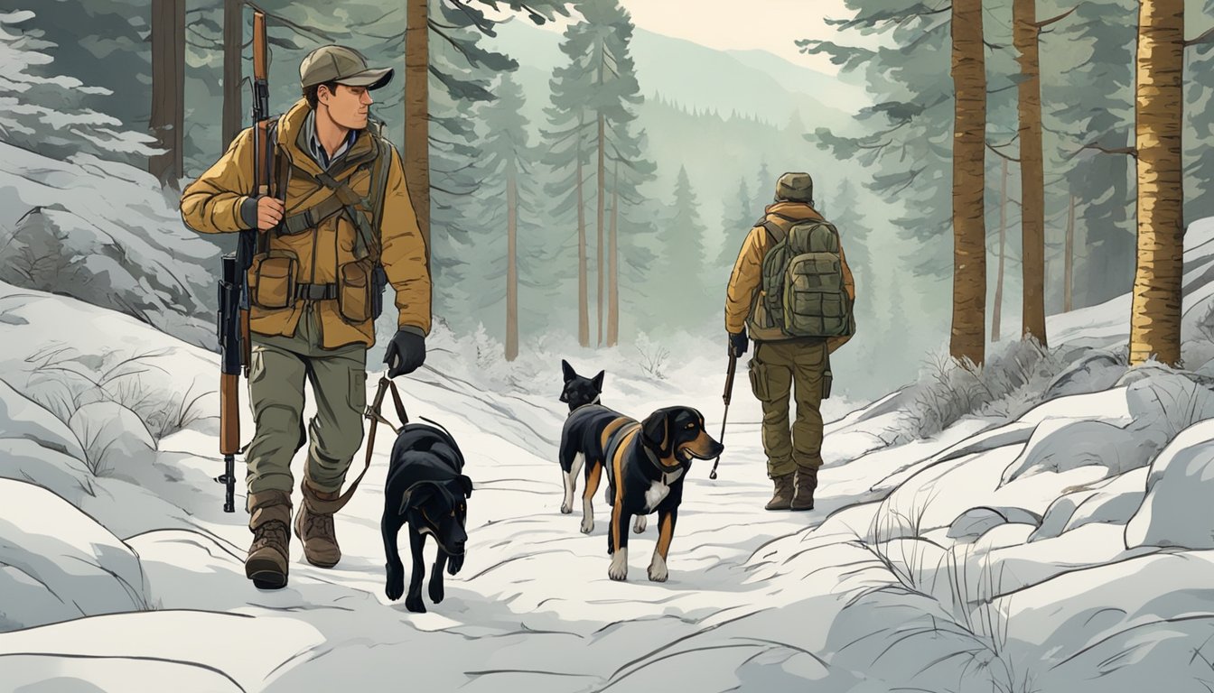 A hunter and two dogs trek through a forest, the dogs eagerly sniffing the ground while the hunter holds a rifle at the ready