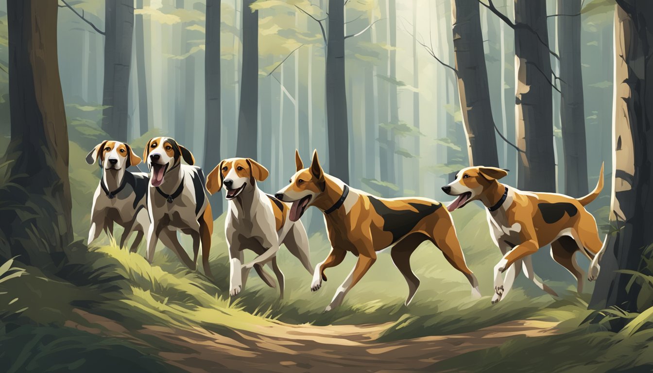 A pack of hounds stealthily track prey through a dense forest, their noses to the ground and ears alert for any sign of movement