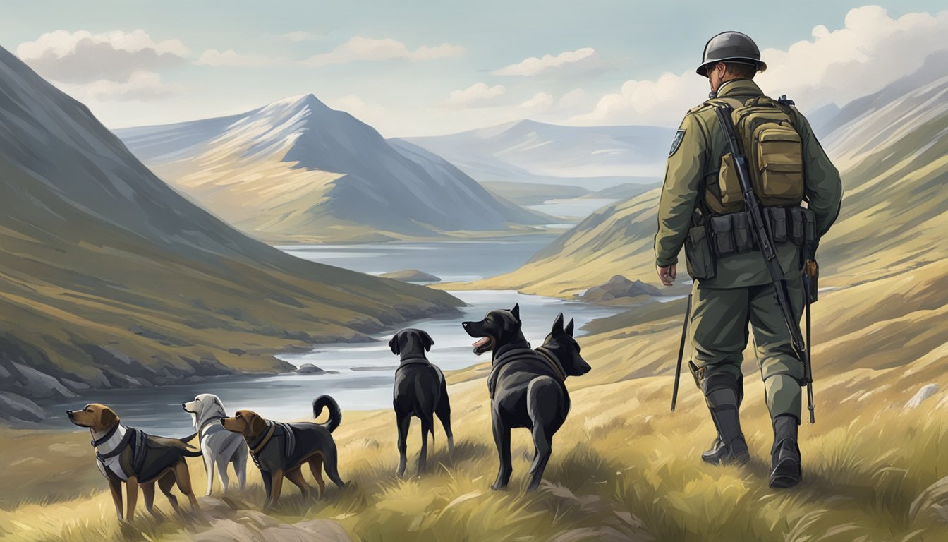 A group of enforcement officers in uniform patrolling a rugged Scottish landscape, with a pack of hunting dogs in the distance