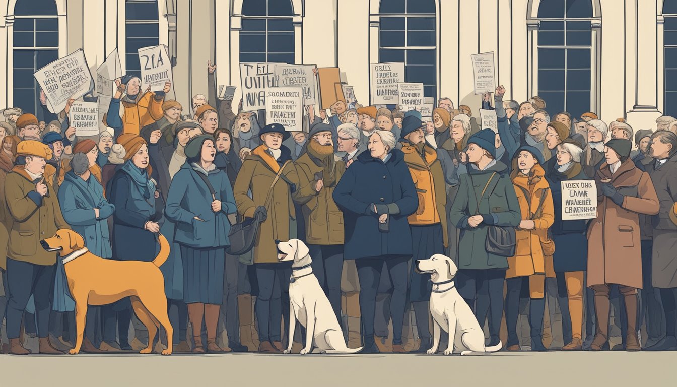 A group of people gather in a town hall, passionately debating the legality of hunting with dogs in Scotland. Outside, protesters hold signs and chant slogans