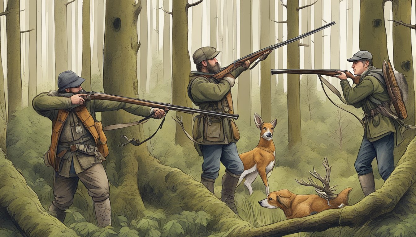 A group of hunters using non-dog methods, such as falconry and bow hunting, in a Scottish woodland