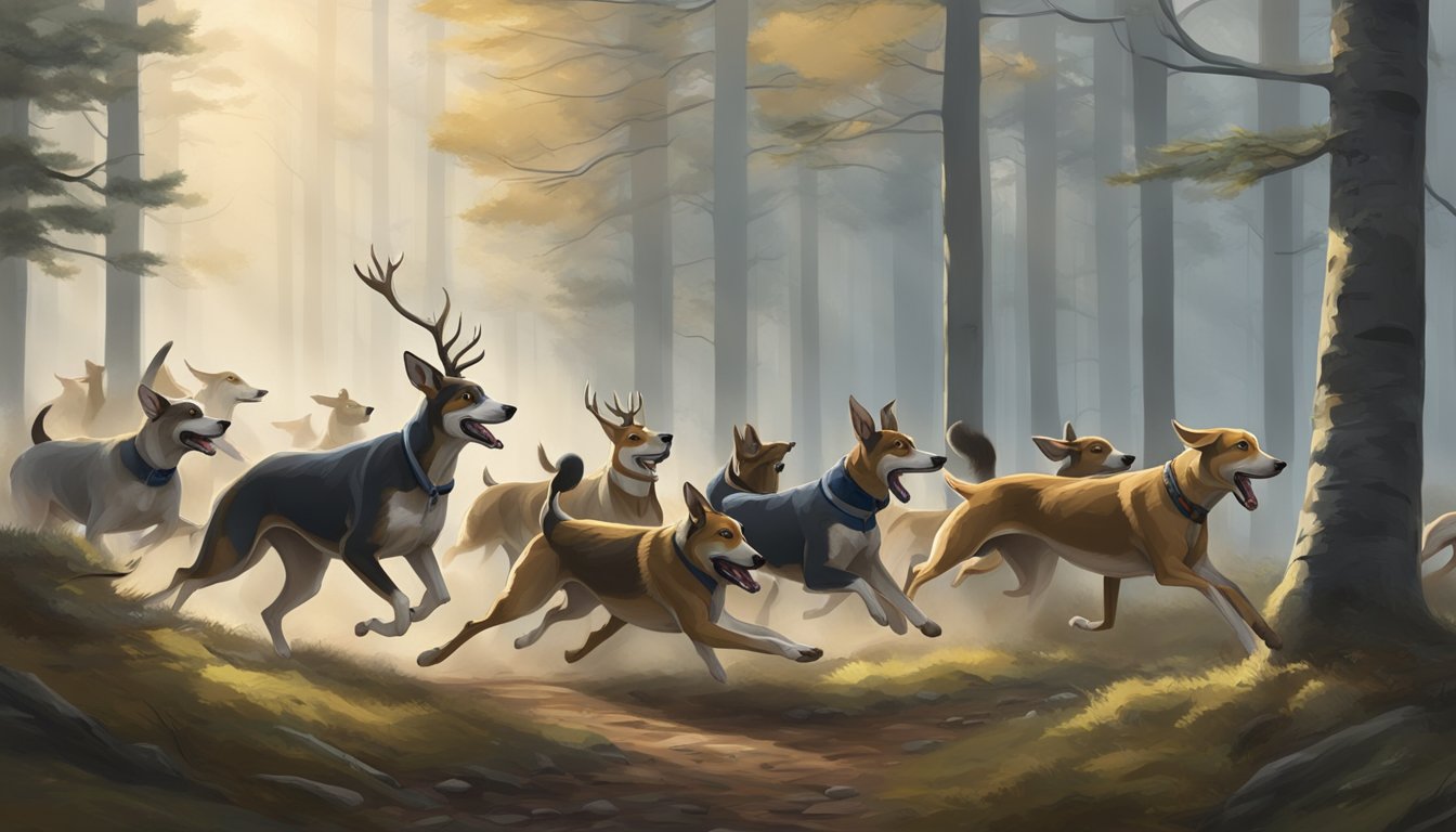 A pack of hounds chase a deer through a misty Scottish forest, while a group of lawmakers discusses new legislation in the background