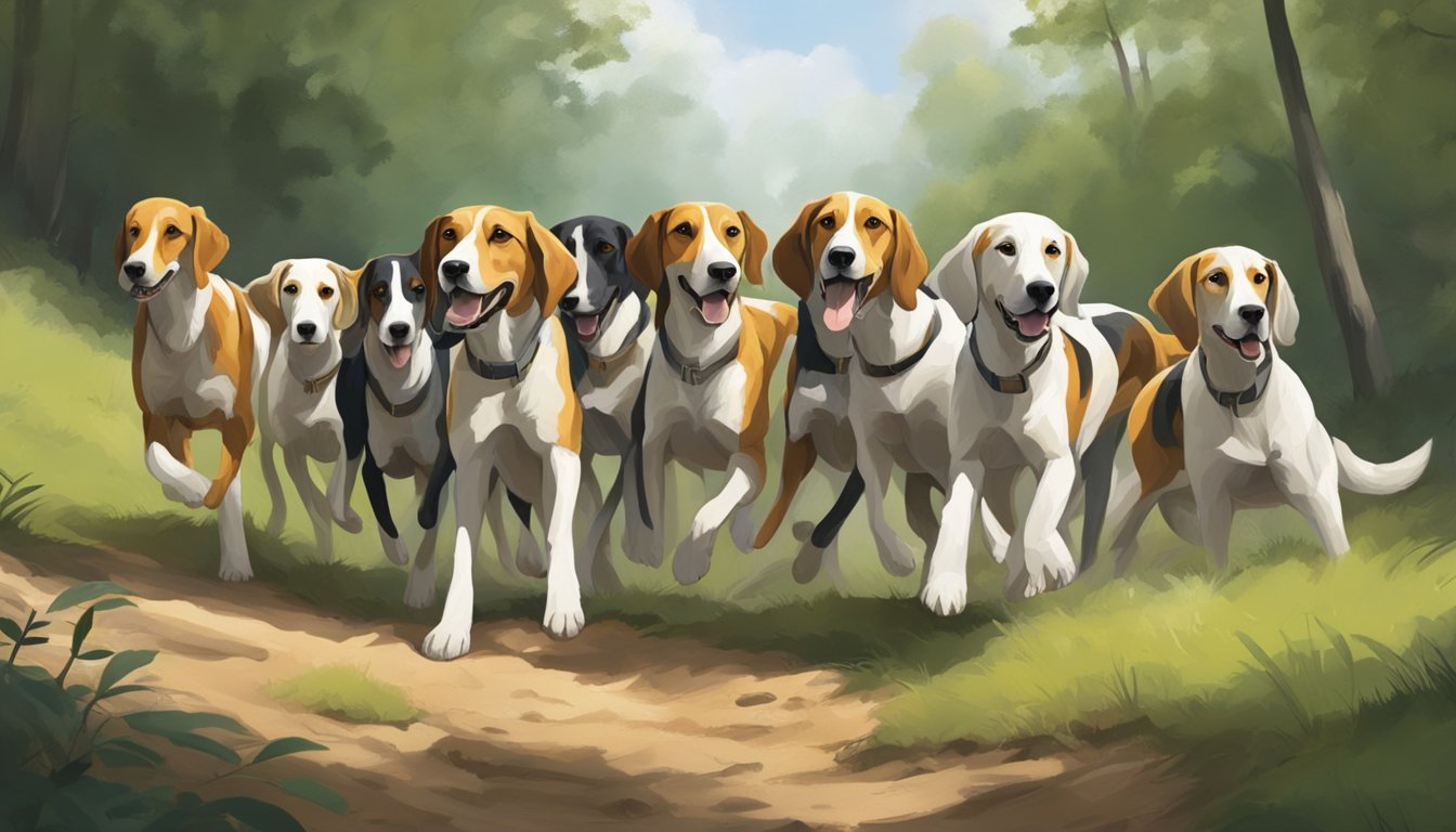 A pack of foxhounds eagerly follows their trainer through a lush, wooded landscape, their tails wagging and noses to the ground in search of their quarry