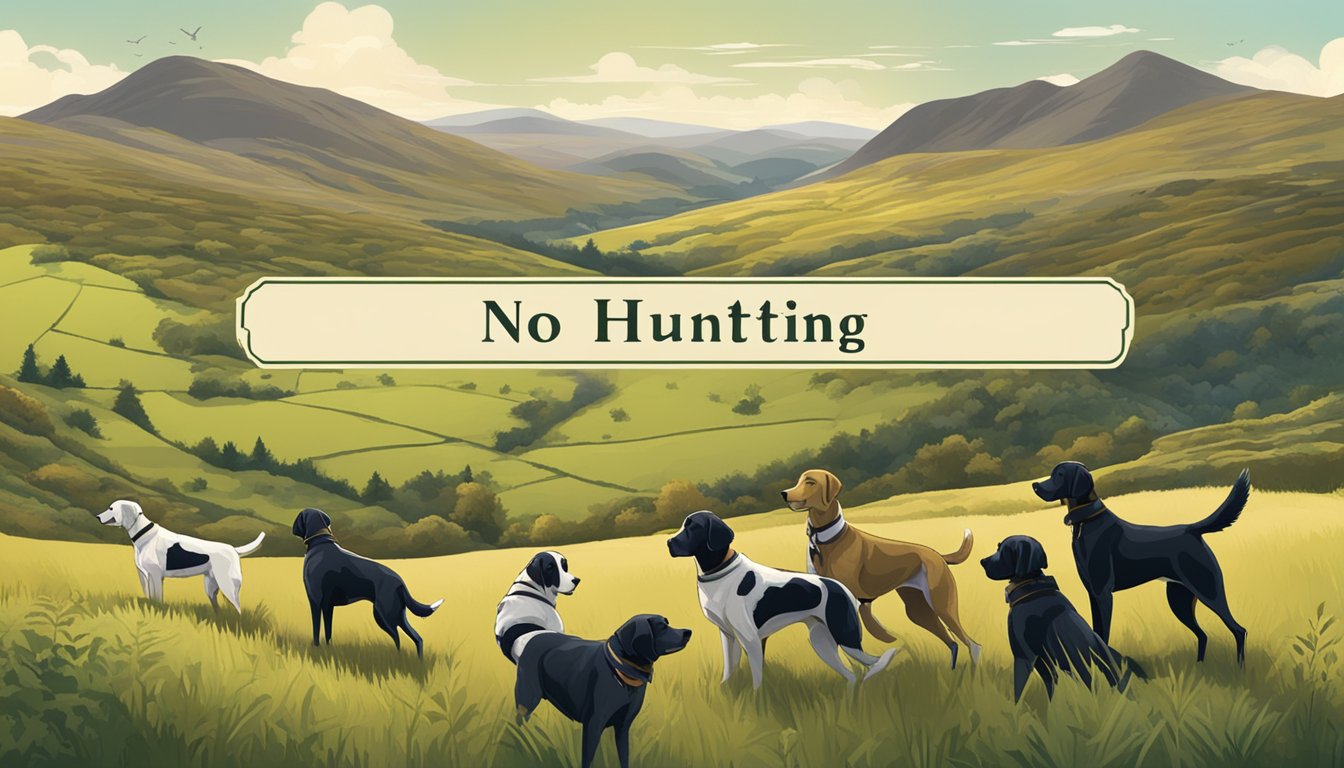 A lush Scottish landscape with rolling hills, a pack of hunting dogs, and a sign indicating "No Hunting with Dogs" in the background