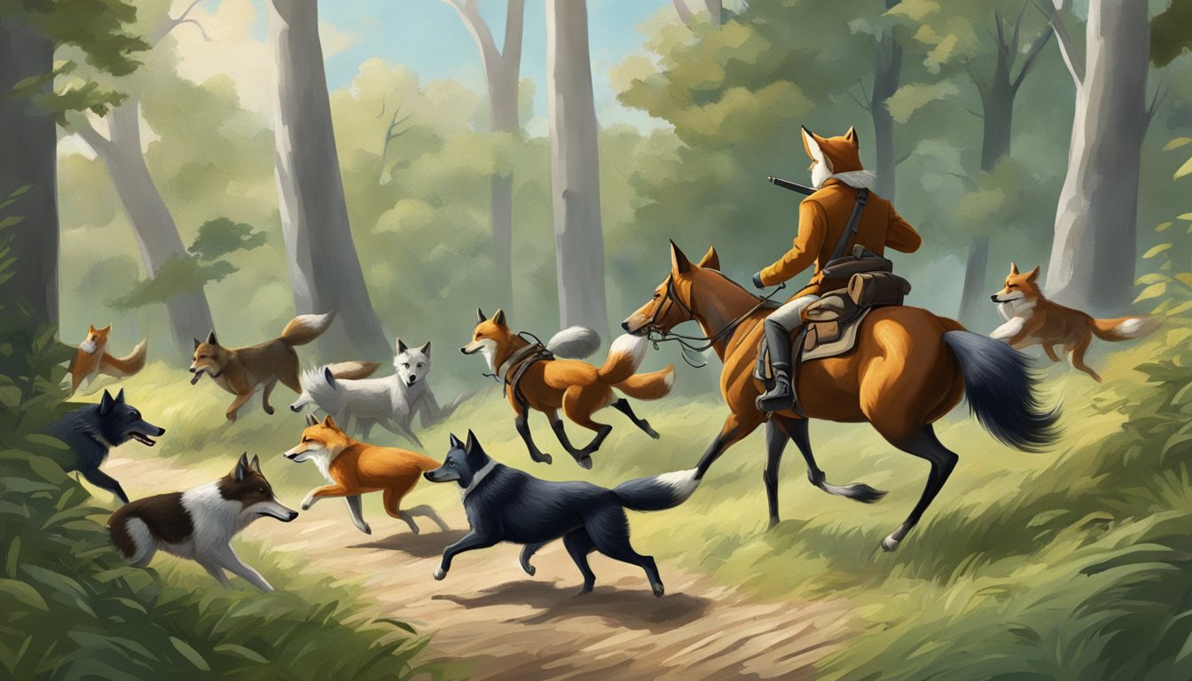 A fox being chased by a pack of dogs through a wooded area, with a hunter on horseback in pursuit