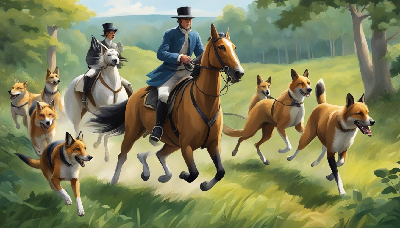 A pack of hounds chasing a fox through a lush, wooded landscape, with riders on horseback following closely behind