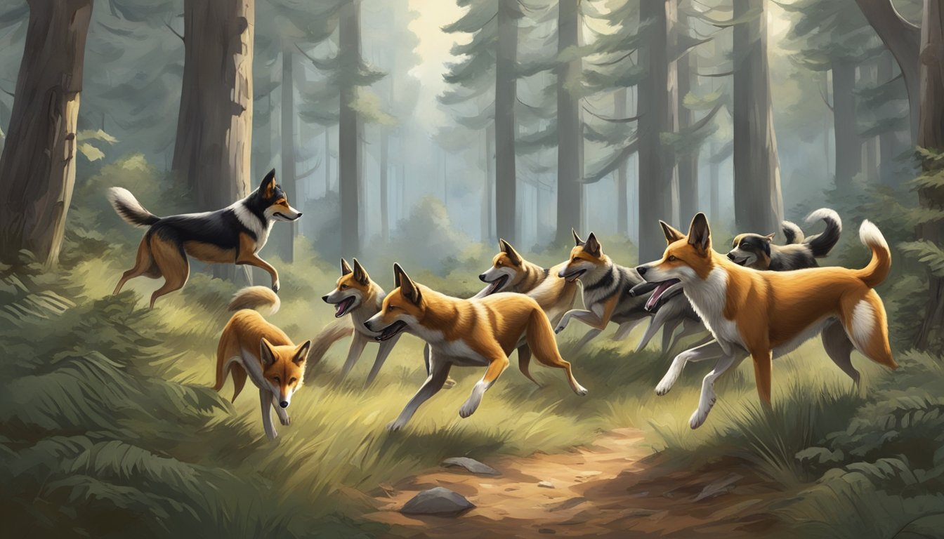 A pack of hunting dogs eagerly chase a fox through a dense forest, their tails wagging and noses to the ground as they follow the scent