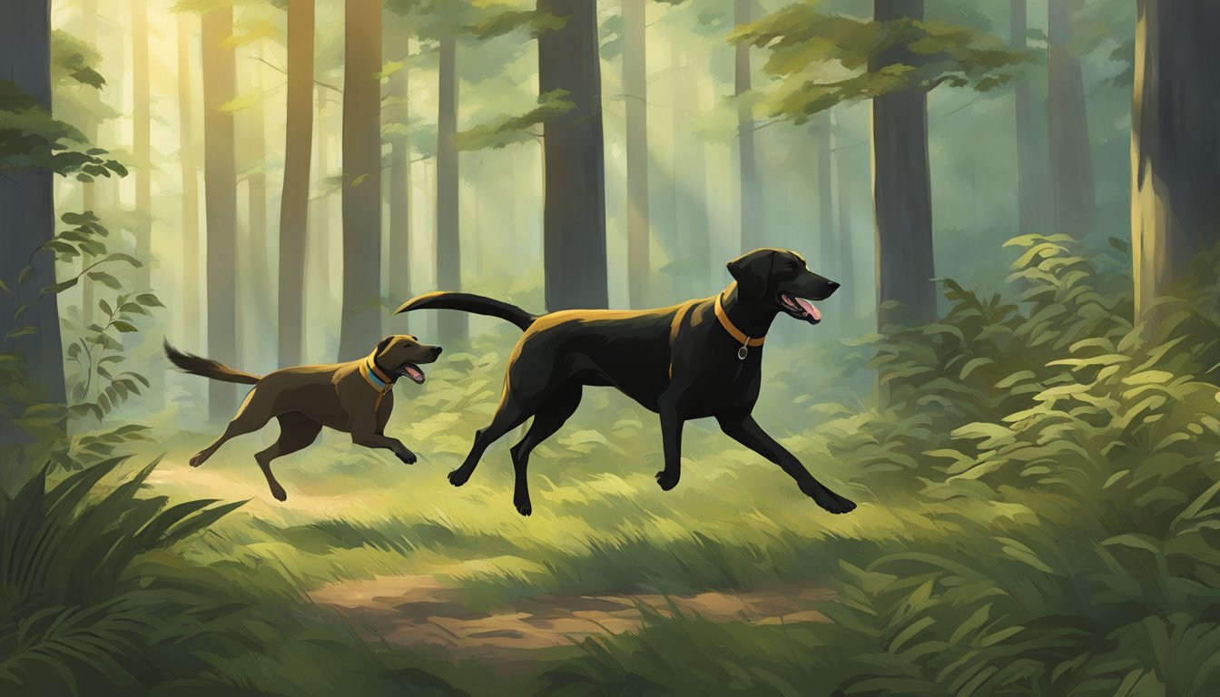 Two sleek, non-shedding hunting dogs sprint through a lush forest, their noses to the ground as they eagerly track their prey