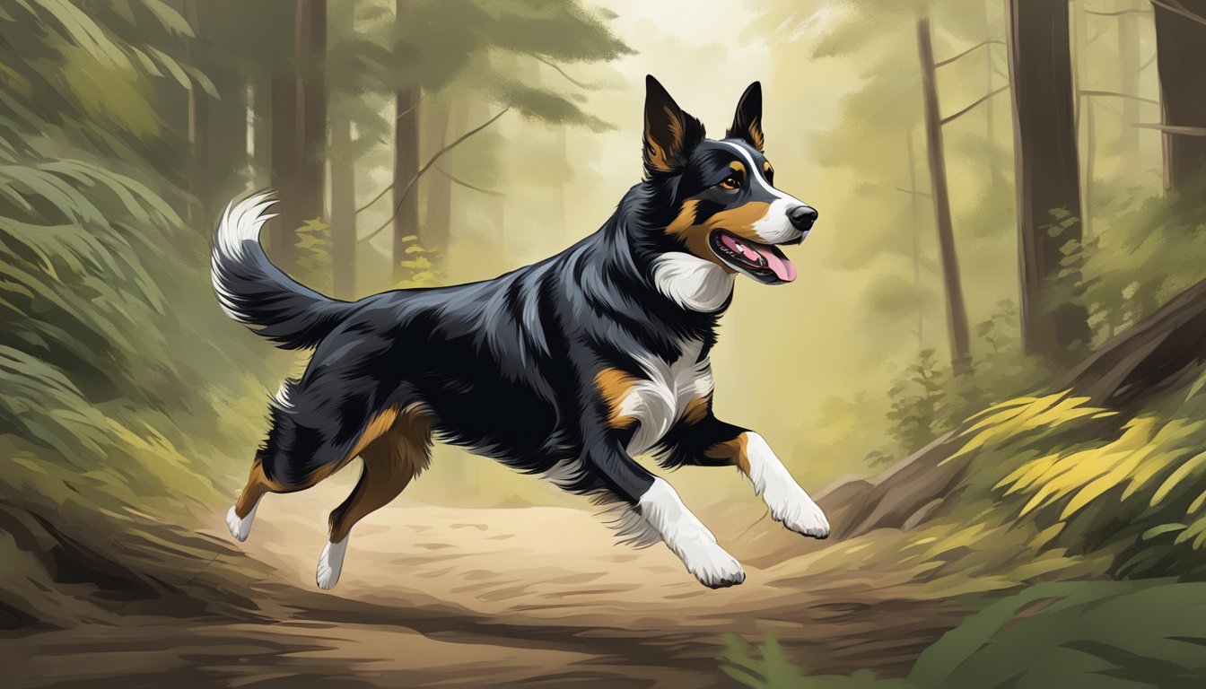 A non-shedding hunting dog running through a forest, with a shiny, well-groomed coat and alert expression