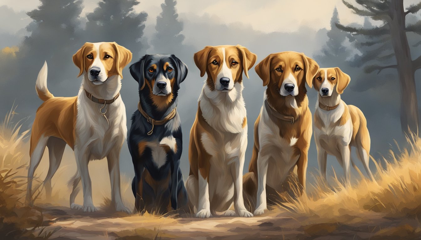 A group of hunting dogs are depicted outside, in a natural setting, eagerly sniffing the ground and eagerly looking ahead with focused expressions