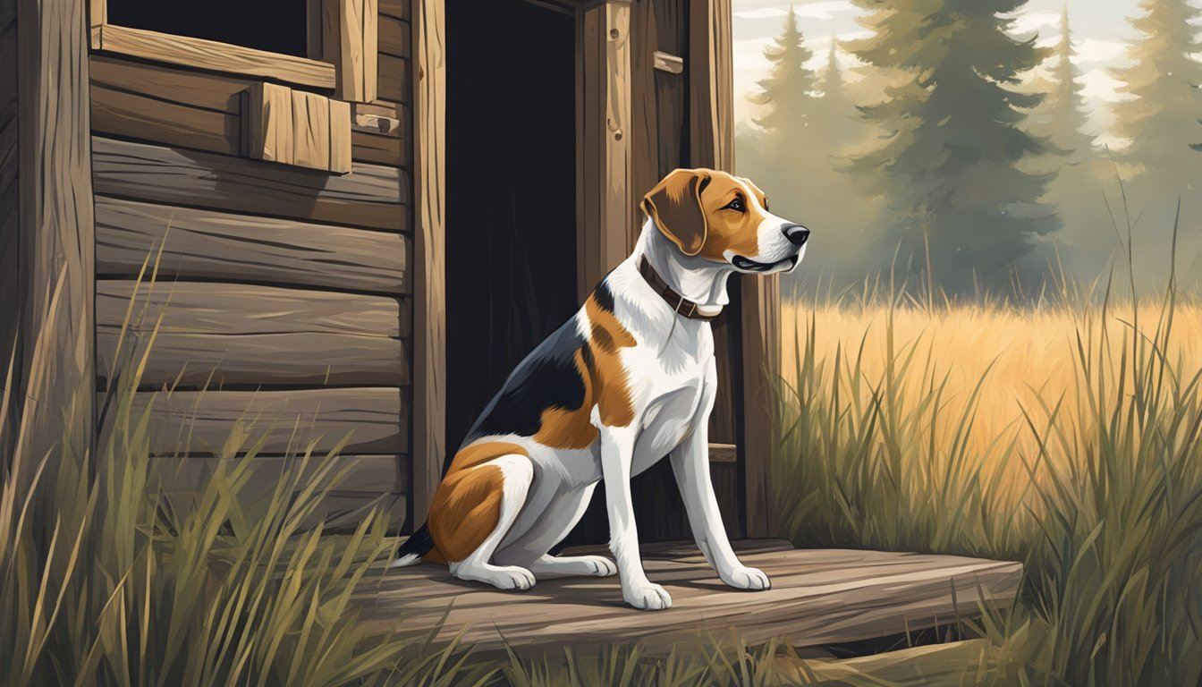 A hunting dog sits obediently outside a rustic cabin, surrounded by tall grass and trees. Its ears perk up as it listens intently to its owner's commands