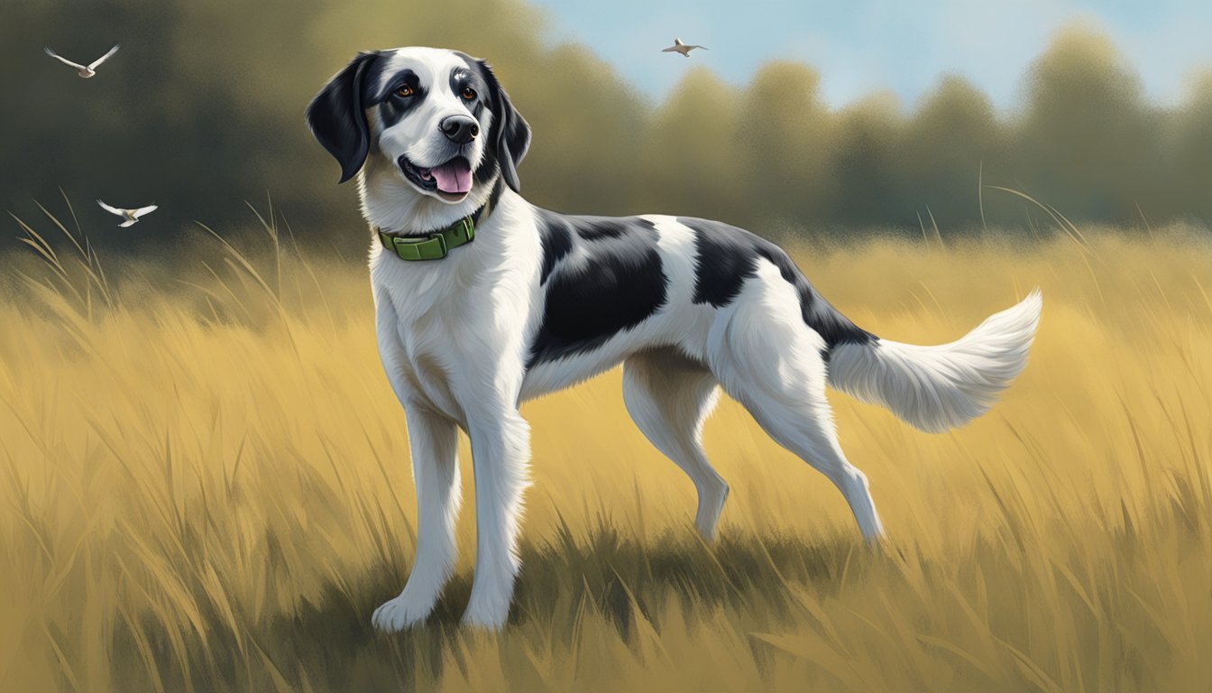 A non-shedding hunting dog standing alert in a field, with a training collar around its neck and a bird in its mouth