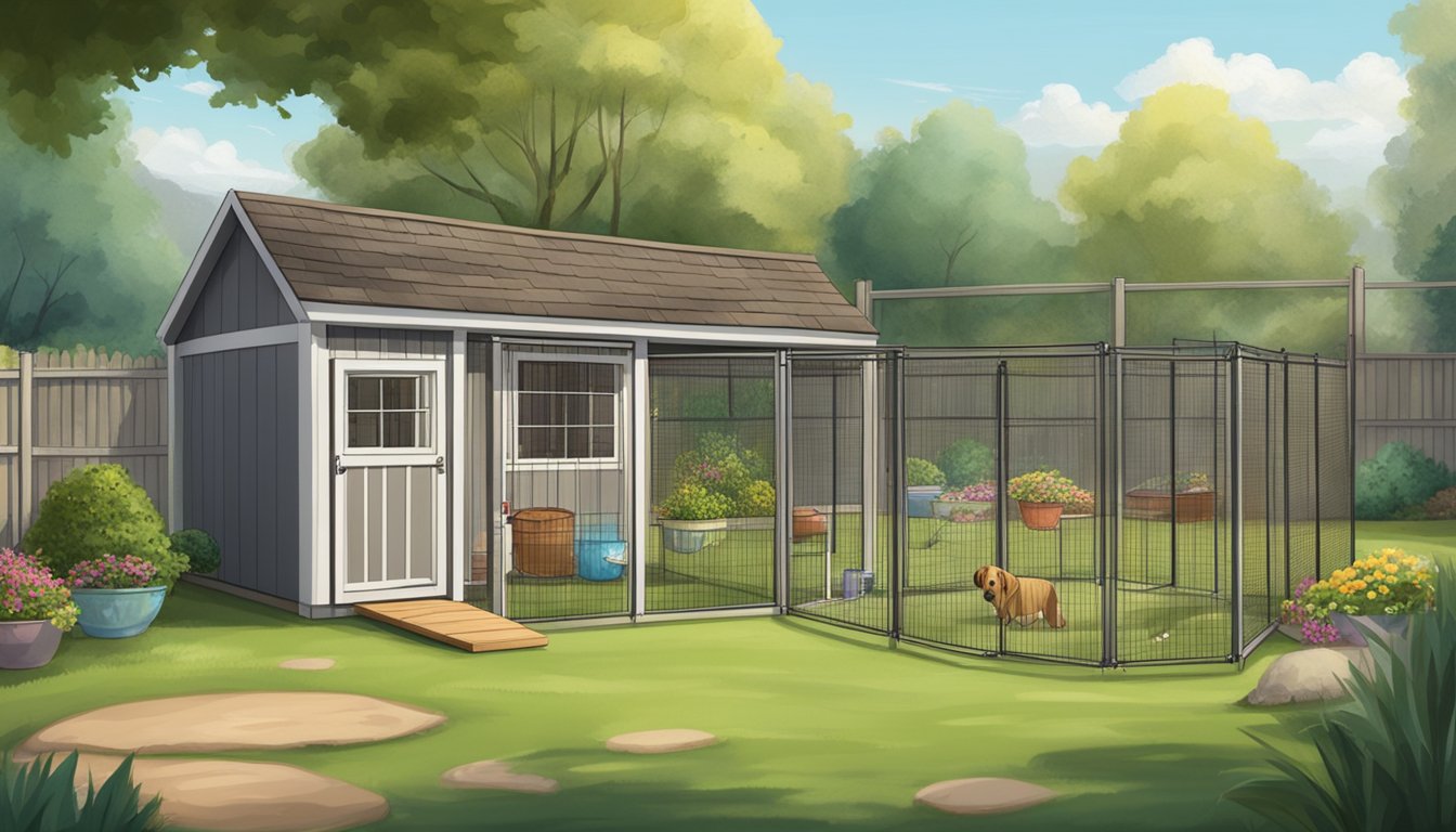 A spacious backyard with a sturdy dog house, water and food bowls, and a fenced-in area for exercise