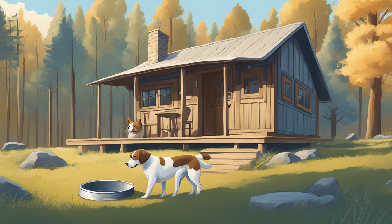 A hunting dog sits outside a cozy cabin, surrounded by trees and a clear blue sky. A water bowl and chew toy are nearby