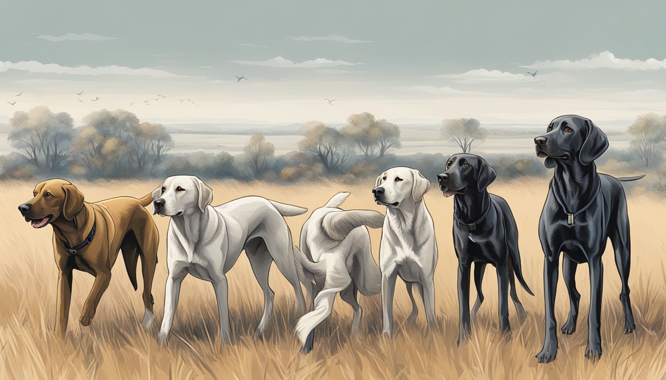 A pack of hunting dogs, including pointers, retrievers, and hounds, eagerly sniffing the ground and scanning the horizon for their prey