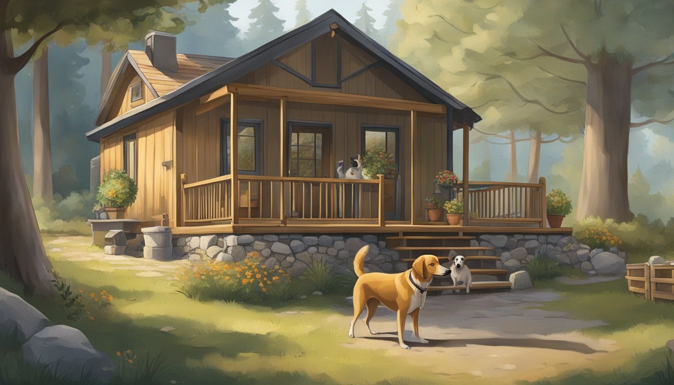 A cozy cabin with a fenced yard. A hunting dog rests outside while a family enjoys a meal together inside