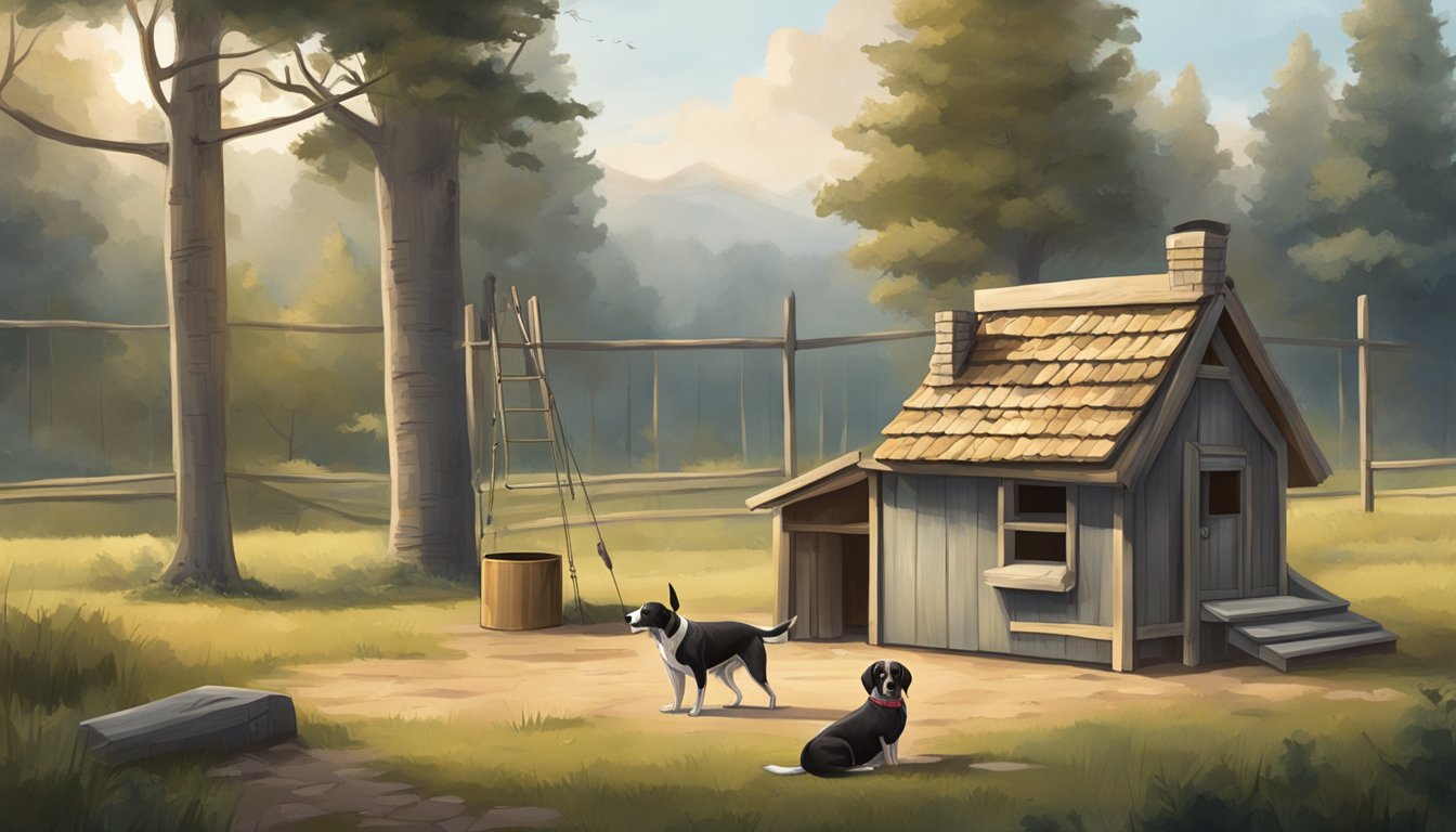 A hunting dog tied to a sturdy post in a spacious yard, with a sturdy doghouse and a water bowl nearby