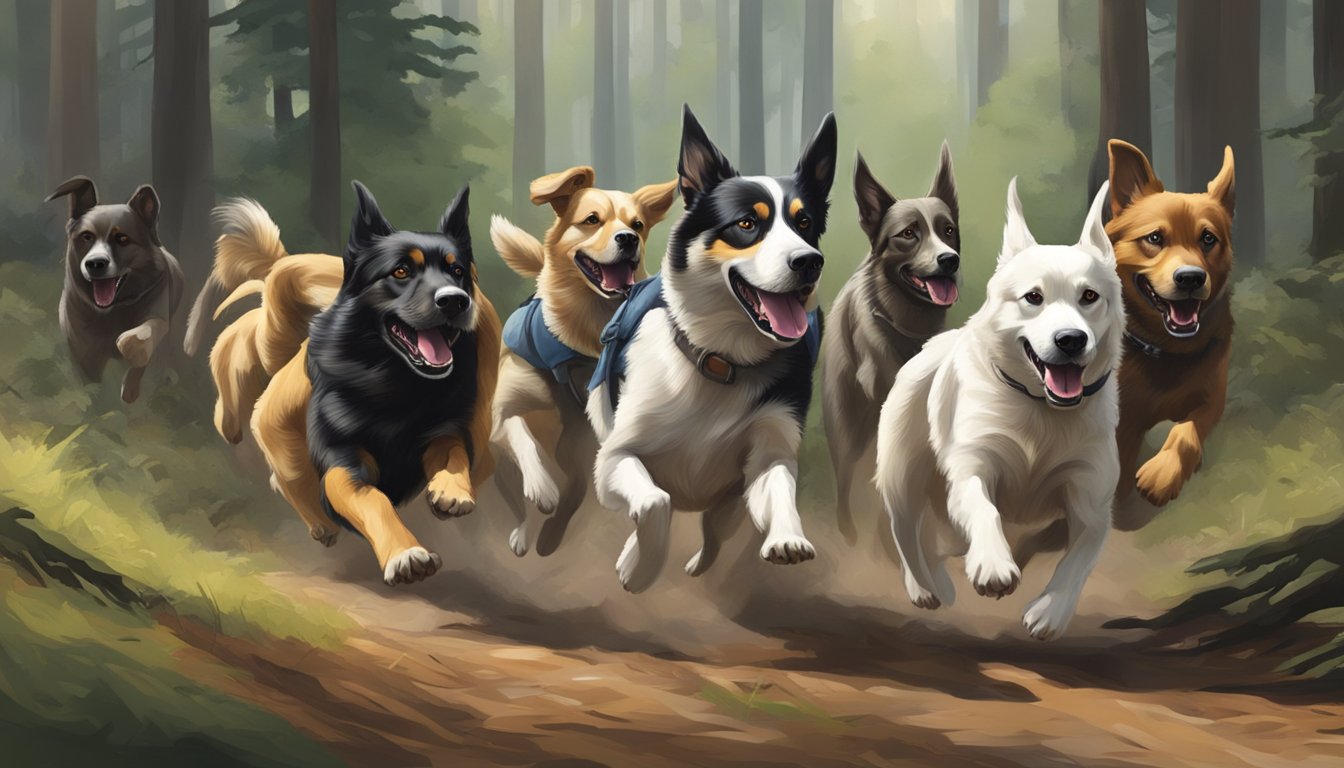 A pack of dogs running through a forest, noses to the ground, in pursuit of their prey