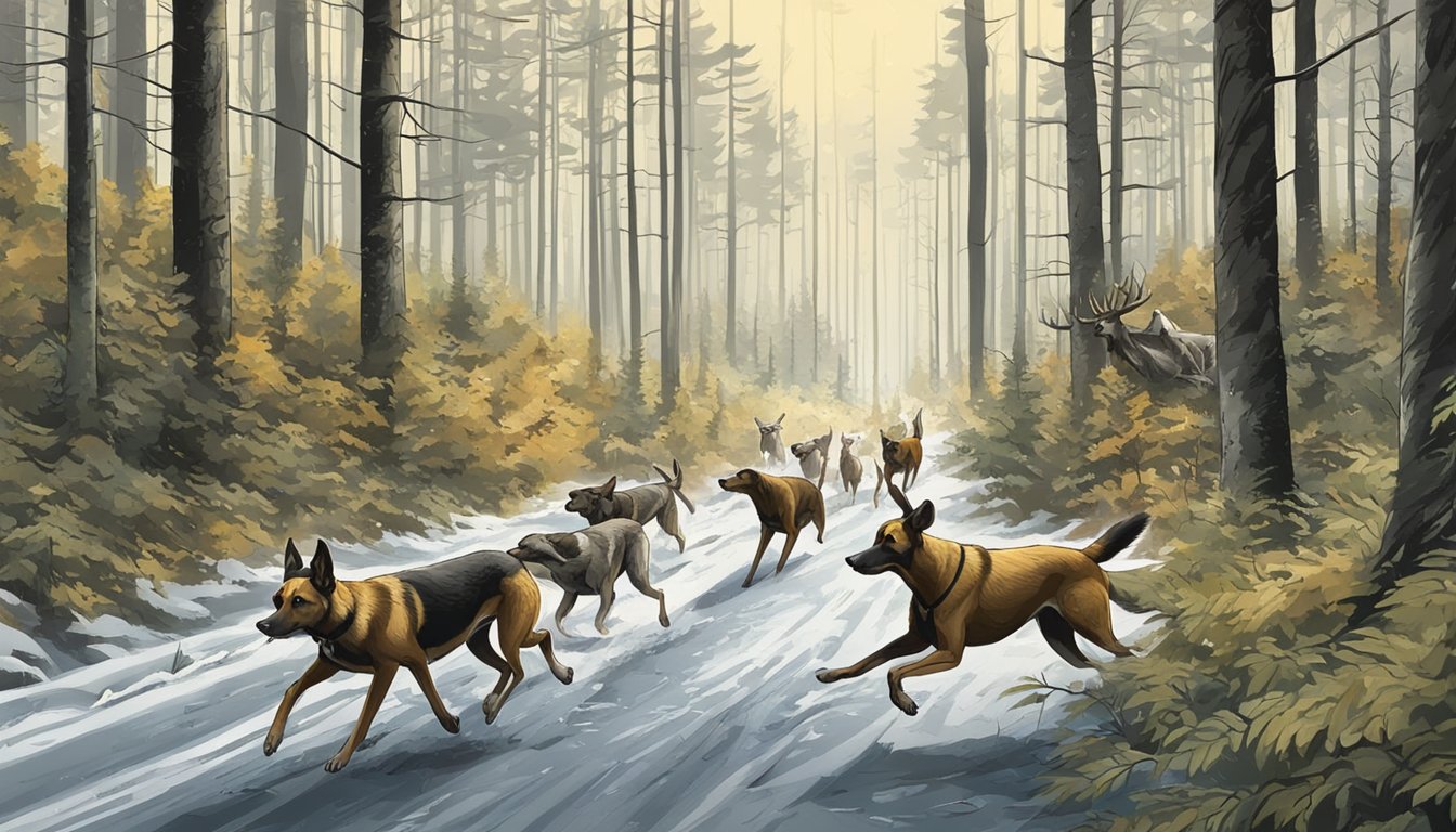 A pack of hunting dogs chasing a deer through a dense forest in a state where hunting with dogs is allowed