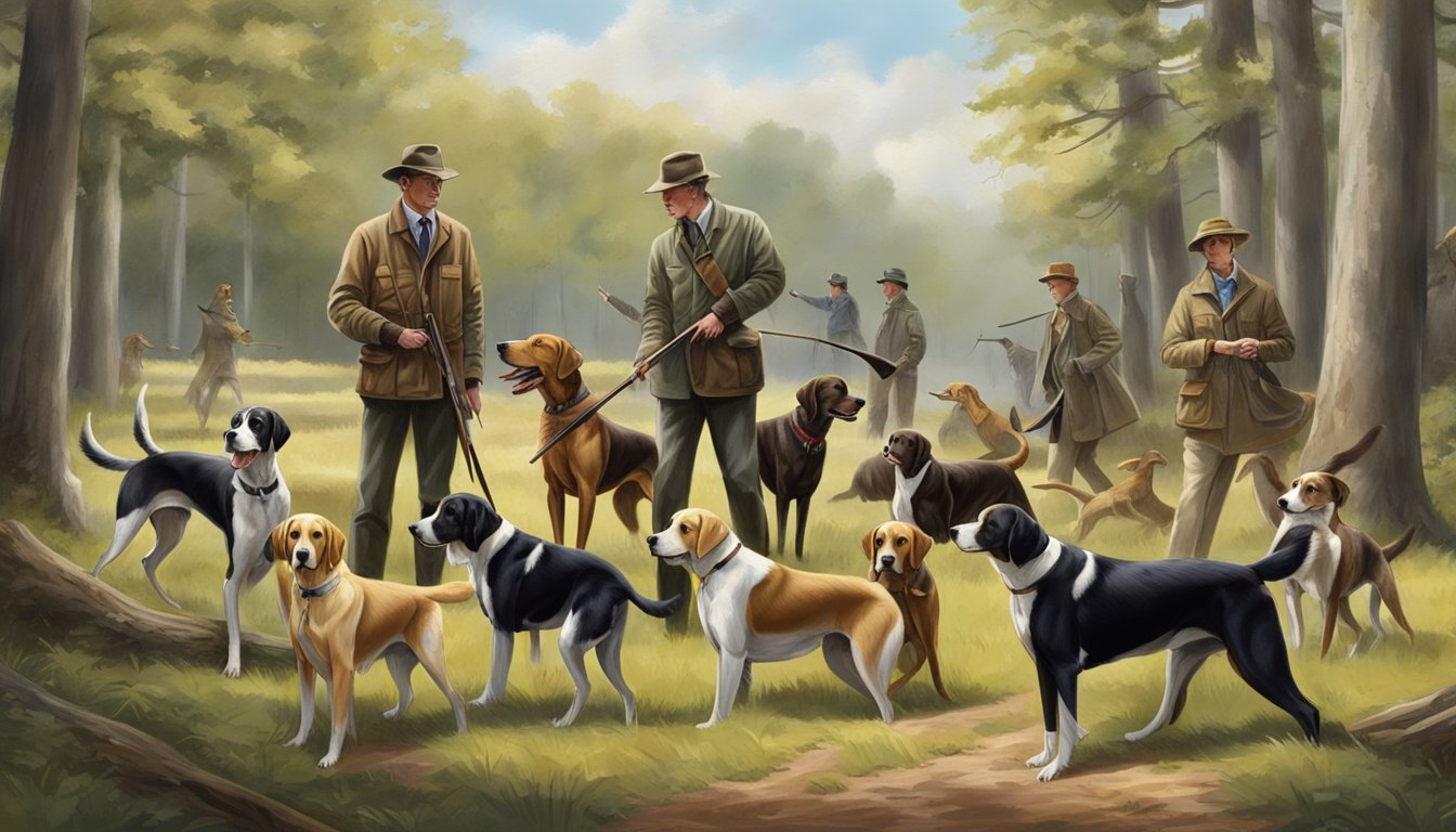 A group of hunting dogs, including retrievers, pointers, and hounds, being trained in a wooded area, with their handlers giving commands and guidance