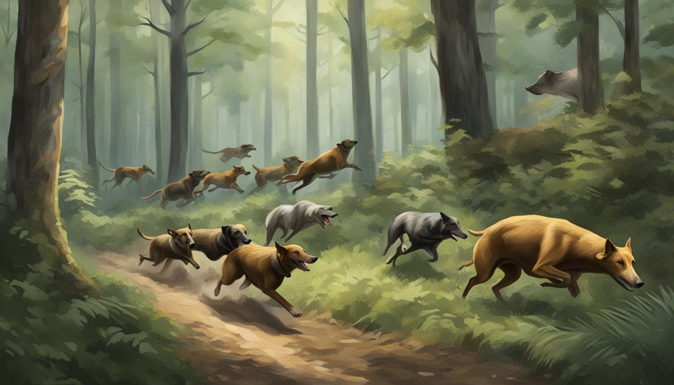 A pack of hounds chasing a wild boar through a dense forest in the southern United States