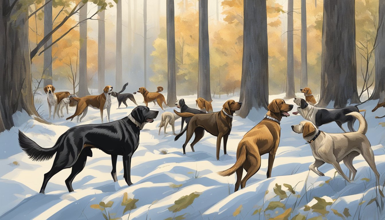 A pack of hunting dogs, including pointers, retrievers, and hounds, eagerly sniffing the ground in a forest clearing